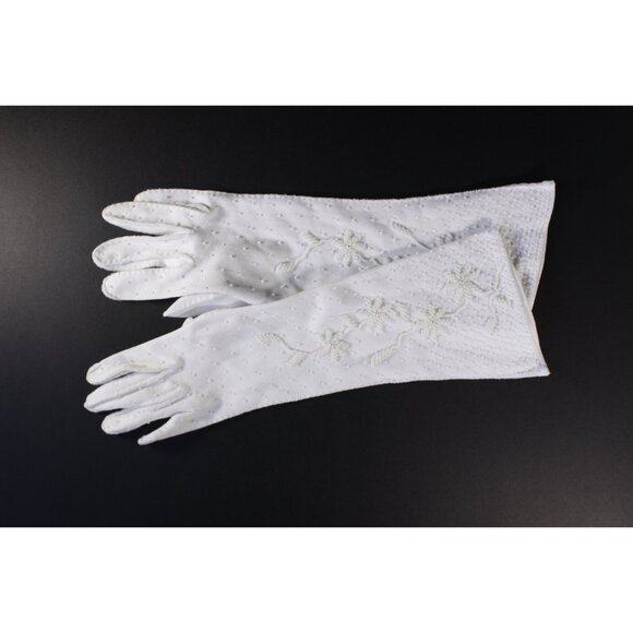 Long white felt beaded gloves size 6.5 - 7, vintage wedding bridal gloves 1950s - Picture 2 of 10